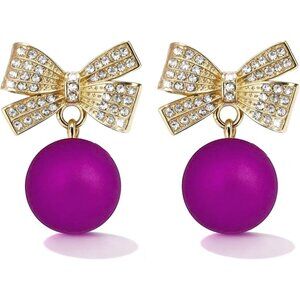 Women's Purple Bow Rhinestone Pearl Bow Earring Holiday Jewelry Gift Christmas